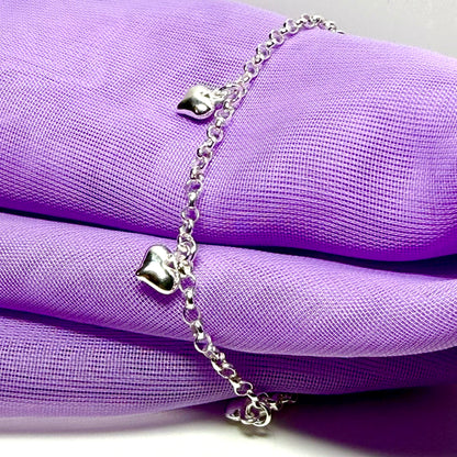 Ladies anklet five heart shaped charms dangling sterling silver ankle chain