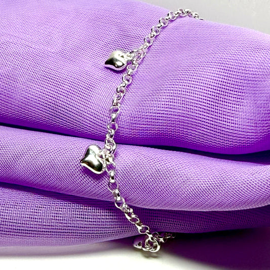 Ladies anklet five heart shaped charms dangling sterling silver ankle chain