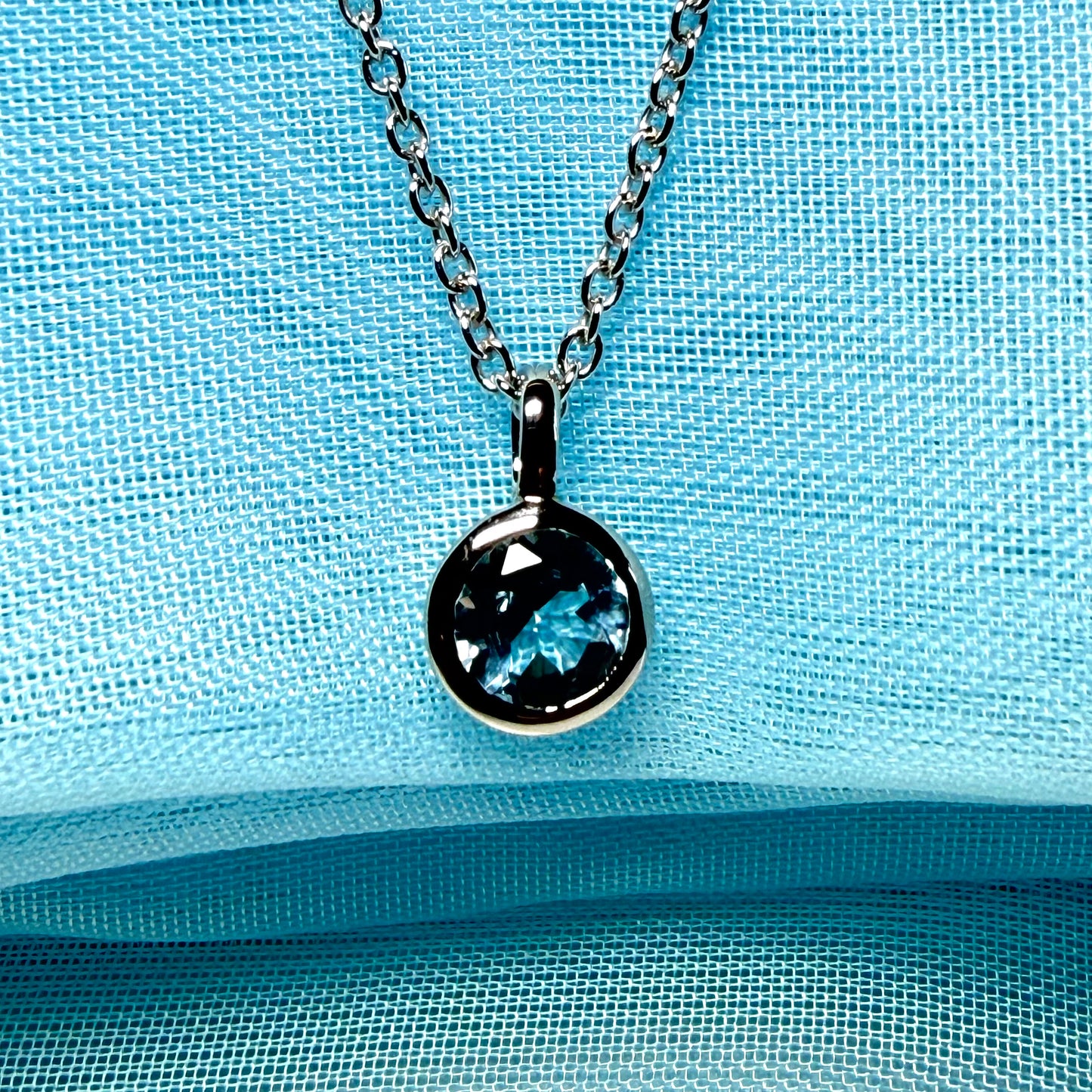 Real blue topaz round silver necklace smooth rubbed over pendant