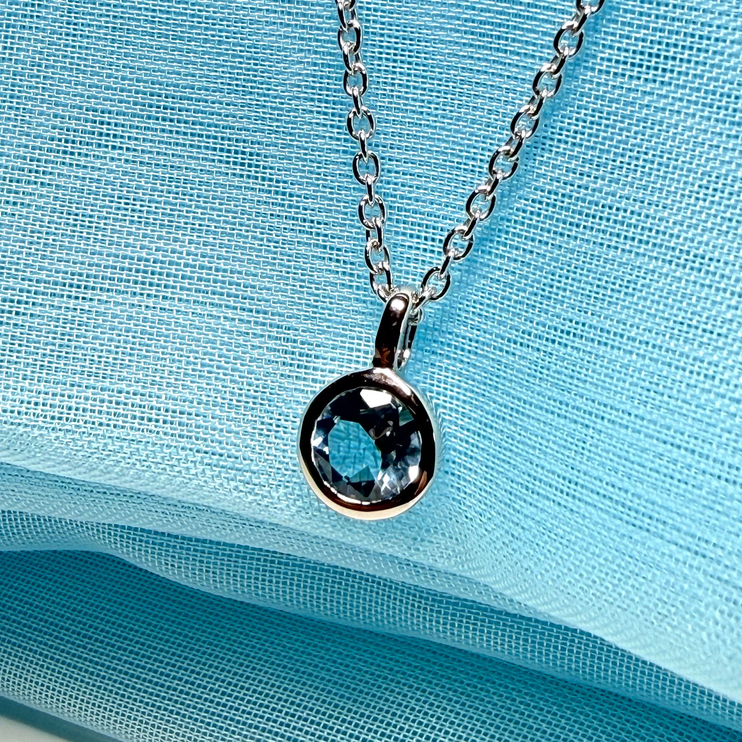 Real blue topaz round silver necklace smooth rubbed over pendant