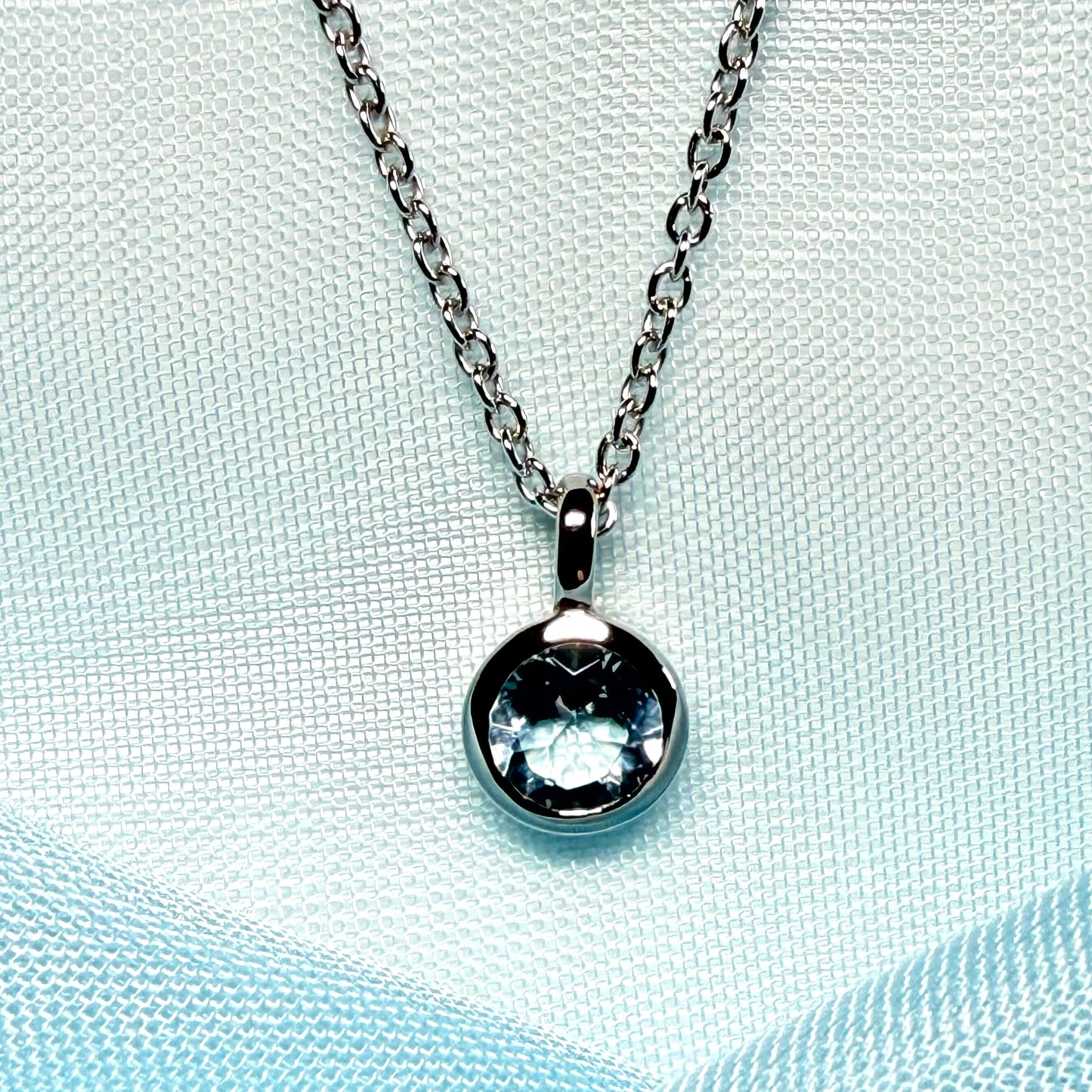 Real blue topaz round silver necklace smooth rubbed over pendant