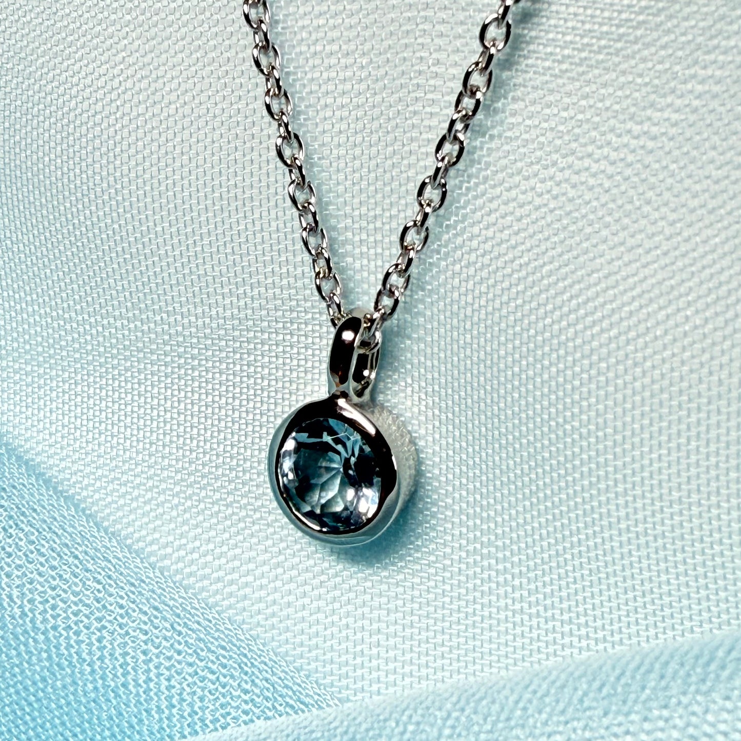 Real blue topaz round silver necklace smooth rubbed over pendant