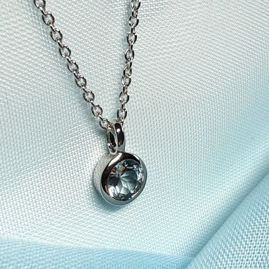 Real blue topaz round silver necklace smooth rubbed over pendant