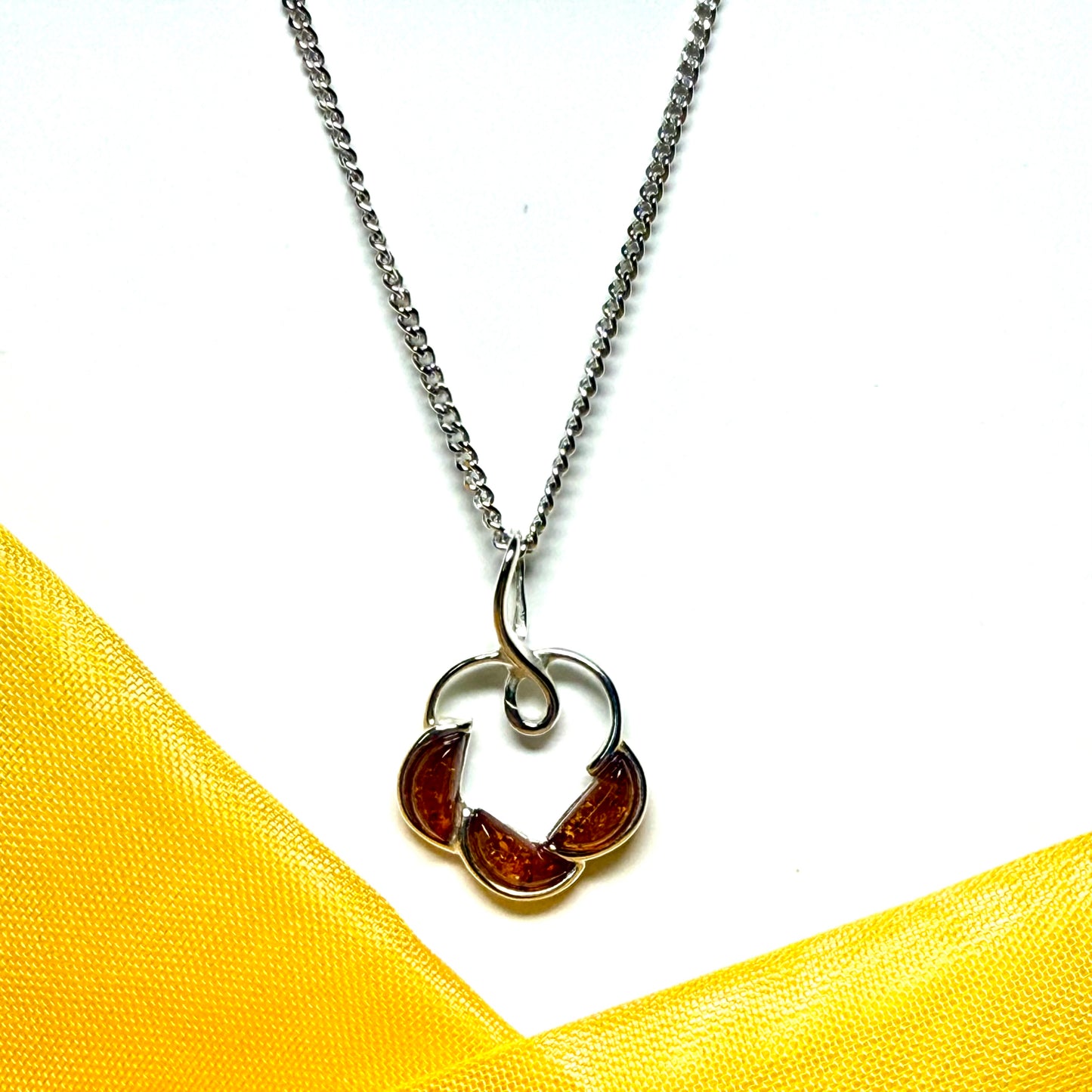 Round shaped real amber drop necklace pendant open made in sterling silver