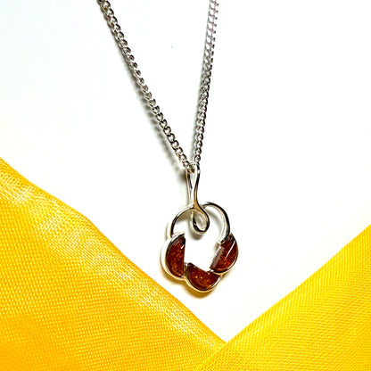 Round shaped real amber drop necklace pendant open made in sterling silver