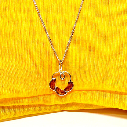 Round shaped real amber drop necklace pendant open made in sterling silver