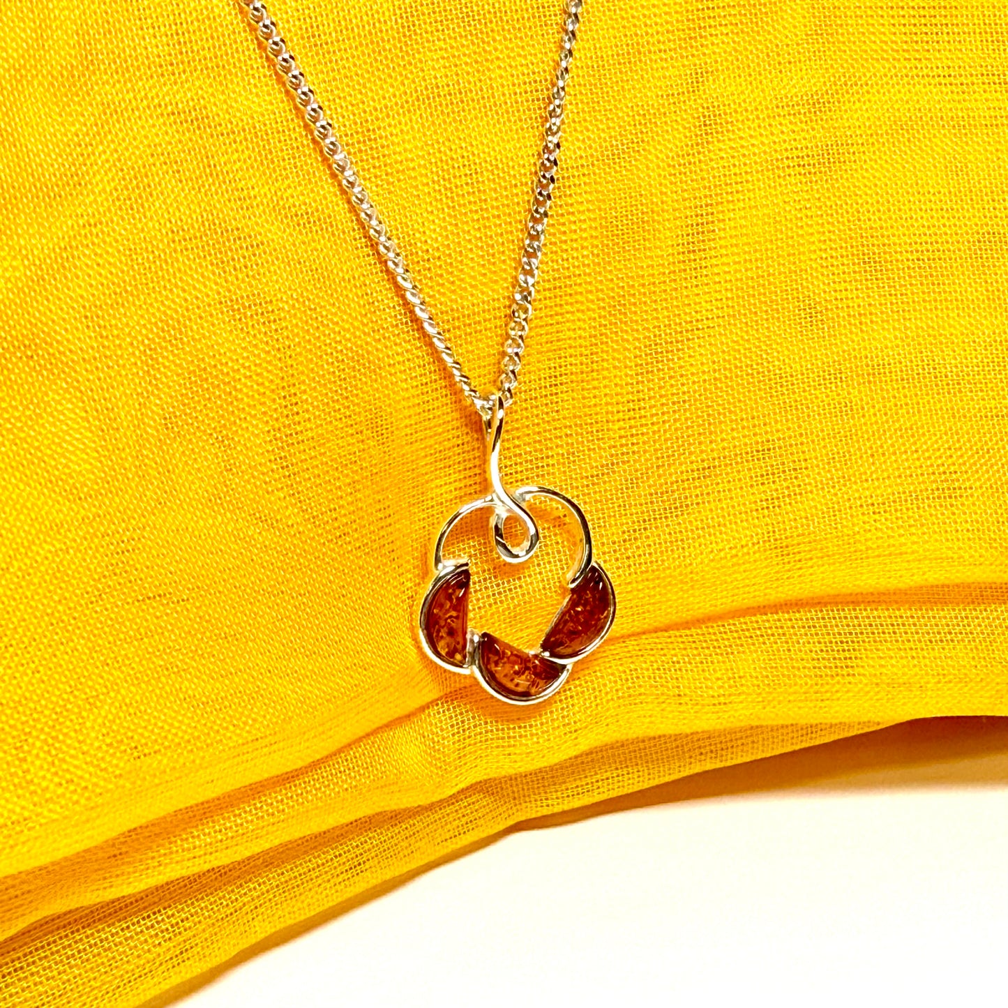 Round shaped real amber drop necklace pendant open made in sterling silver