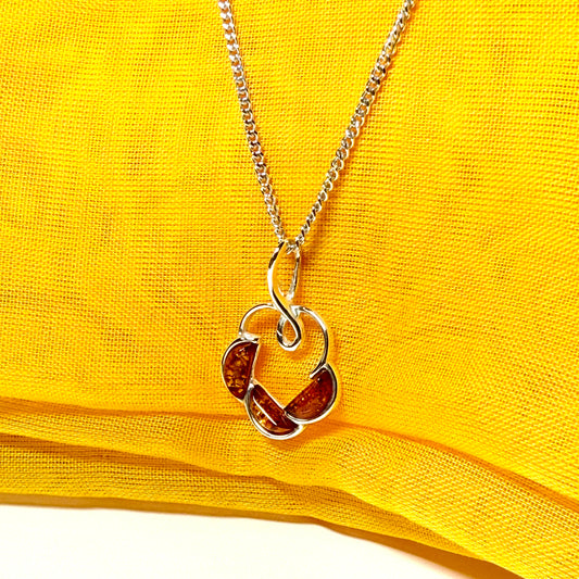 Round shaped real amber drop necklace pendant open made in sterling silver