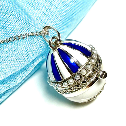 Sterling silver blue and white enamelled egg shaped opening pendant real freshwater pearls