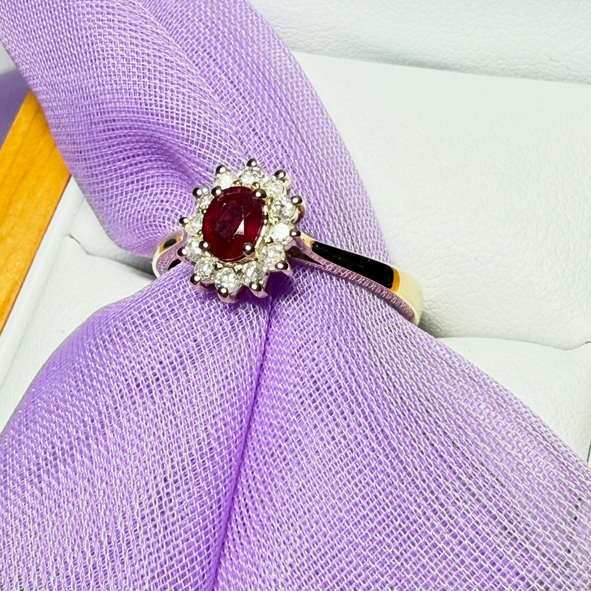 Oval Red Ruby And Real Diamond Yellow Gold Cluster Ring