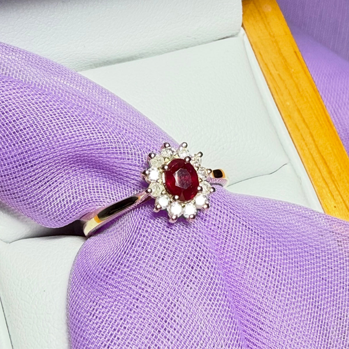 Oval Red Ruby And Real Diamond Yellow Gold Cluster Ring