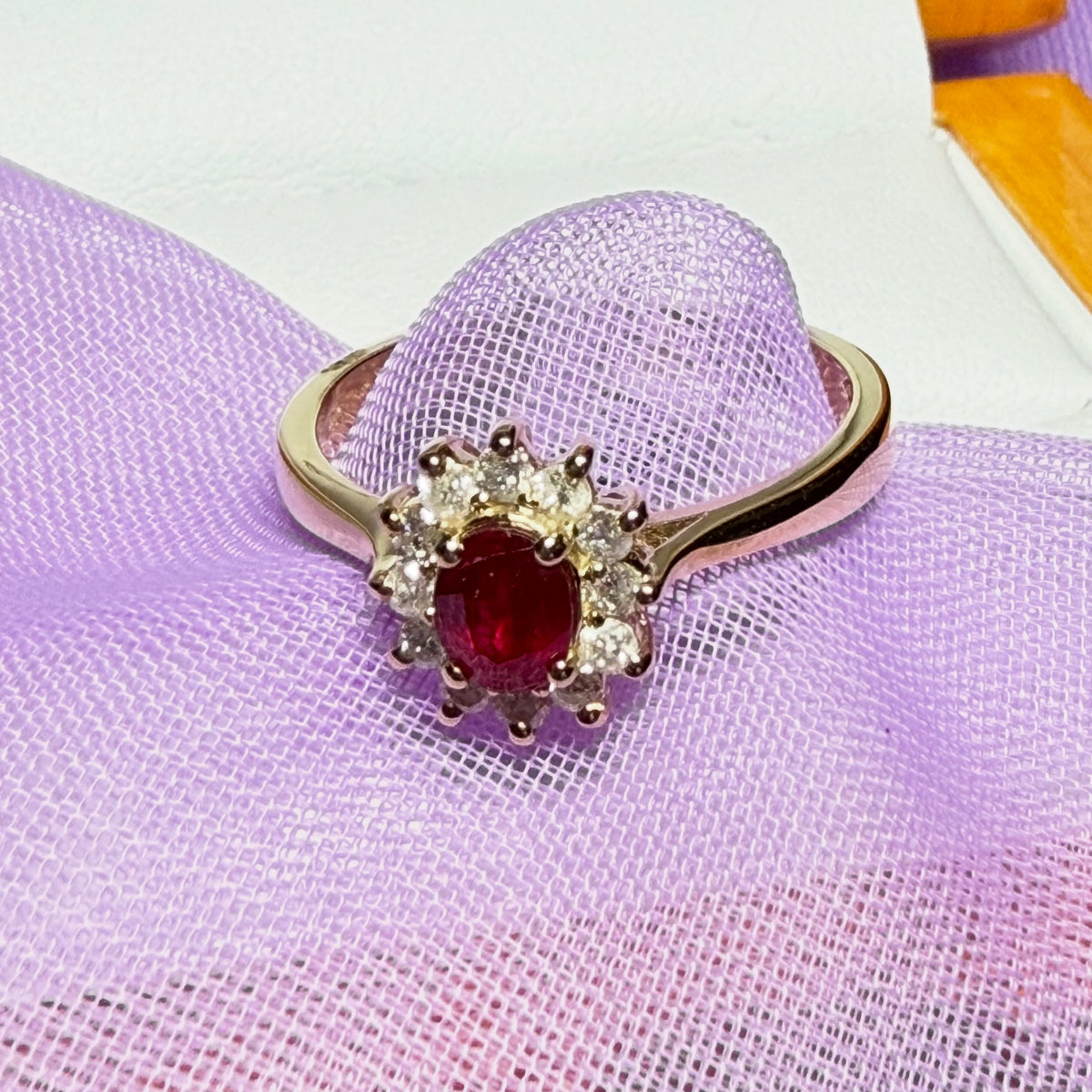 Oval Red Ruby And Real Diamond Yellow Gold Cluster Ring