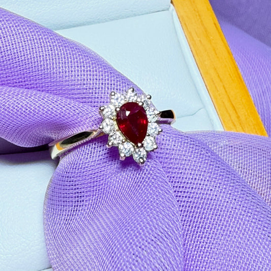 Real ruby and real diamond pear teardrop shaped cluster ring yellow gold