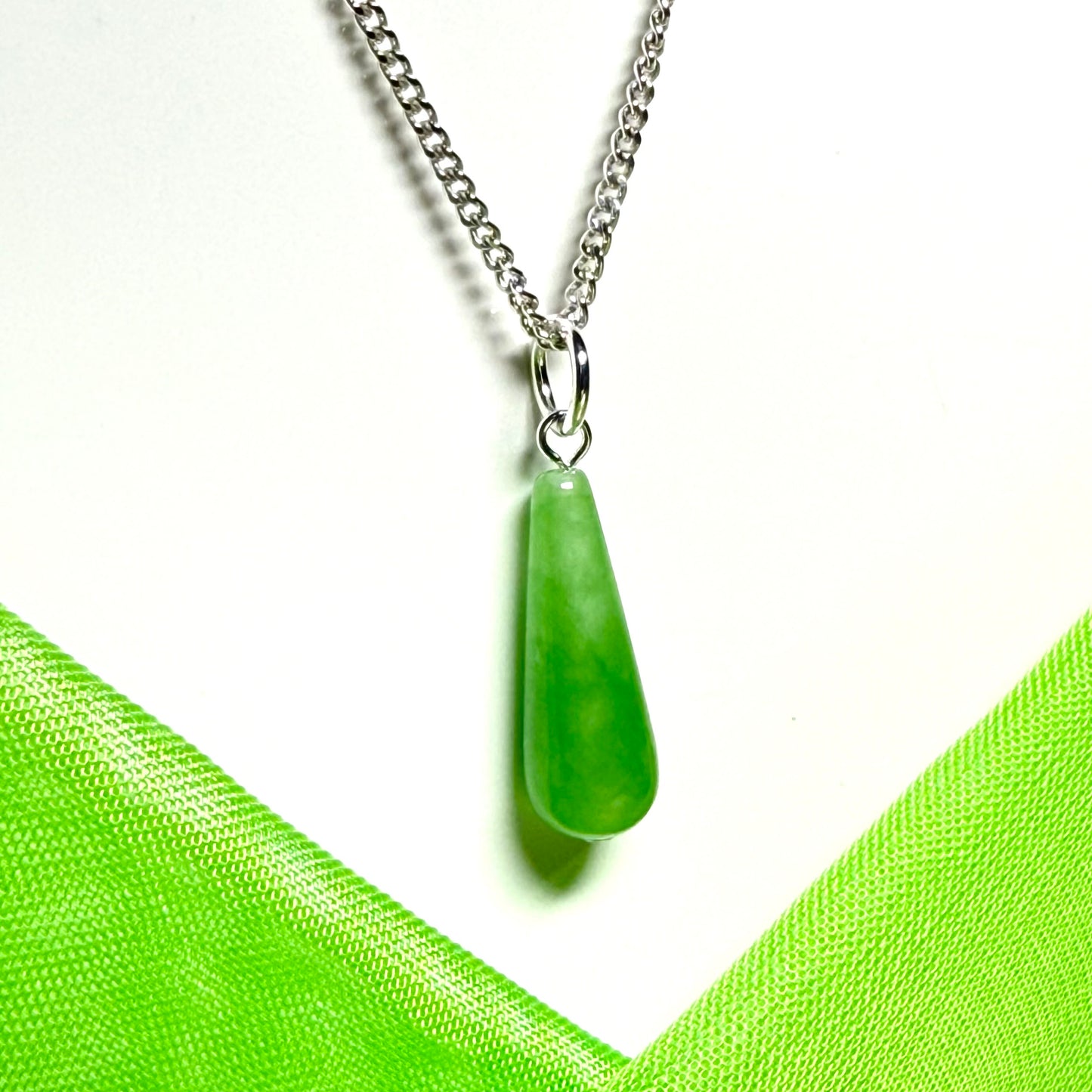 Real green jade tear drop necklace pendant sterling silver including chain