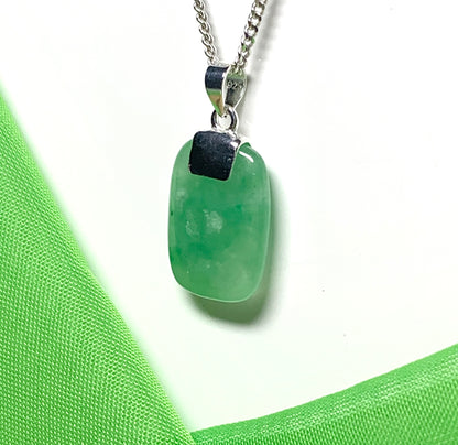 Green real jade necklace cushion shaped stone sterling silver pendant