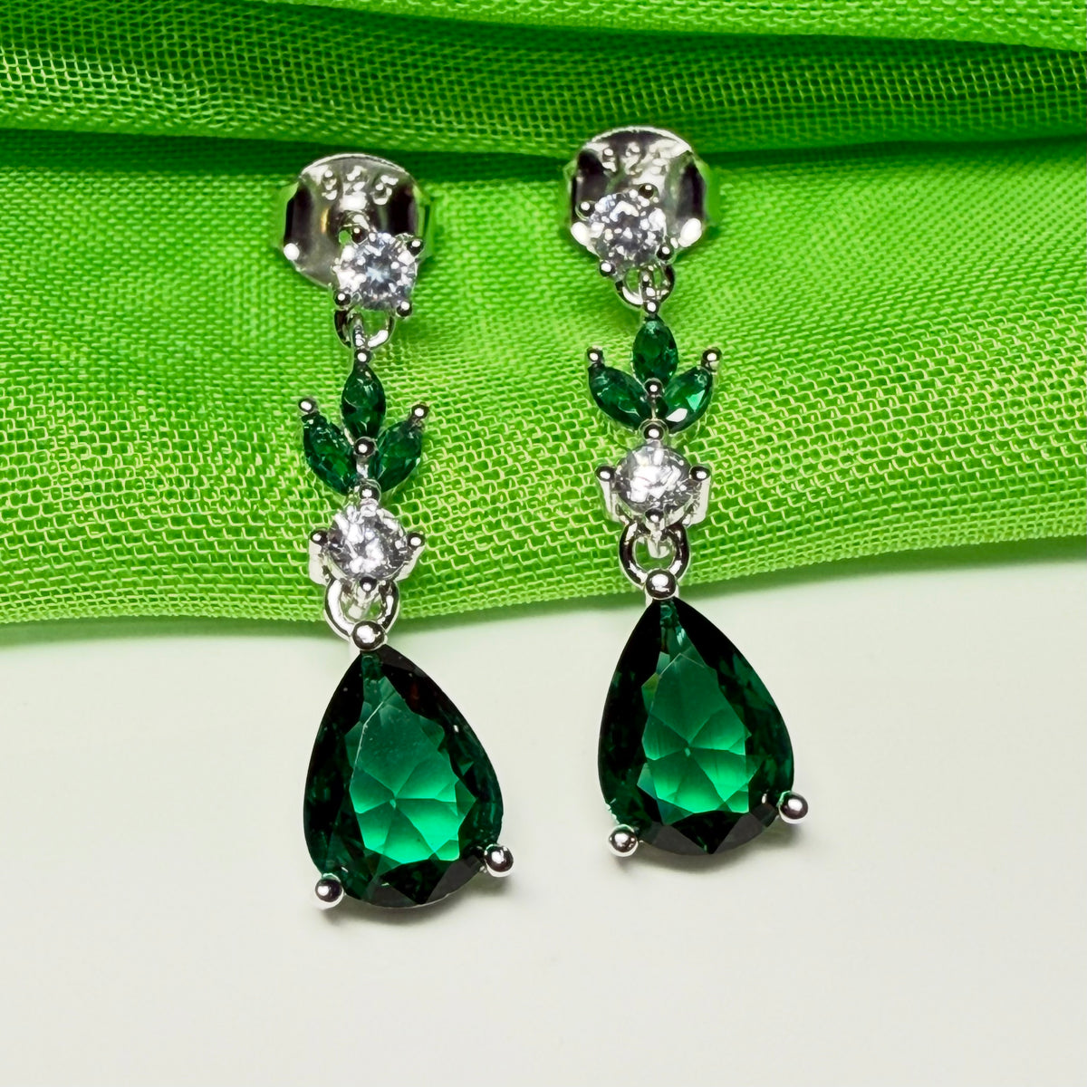 Green dropped earrings cubic zirconia silver long pear shaped