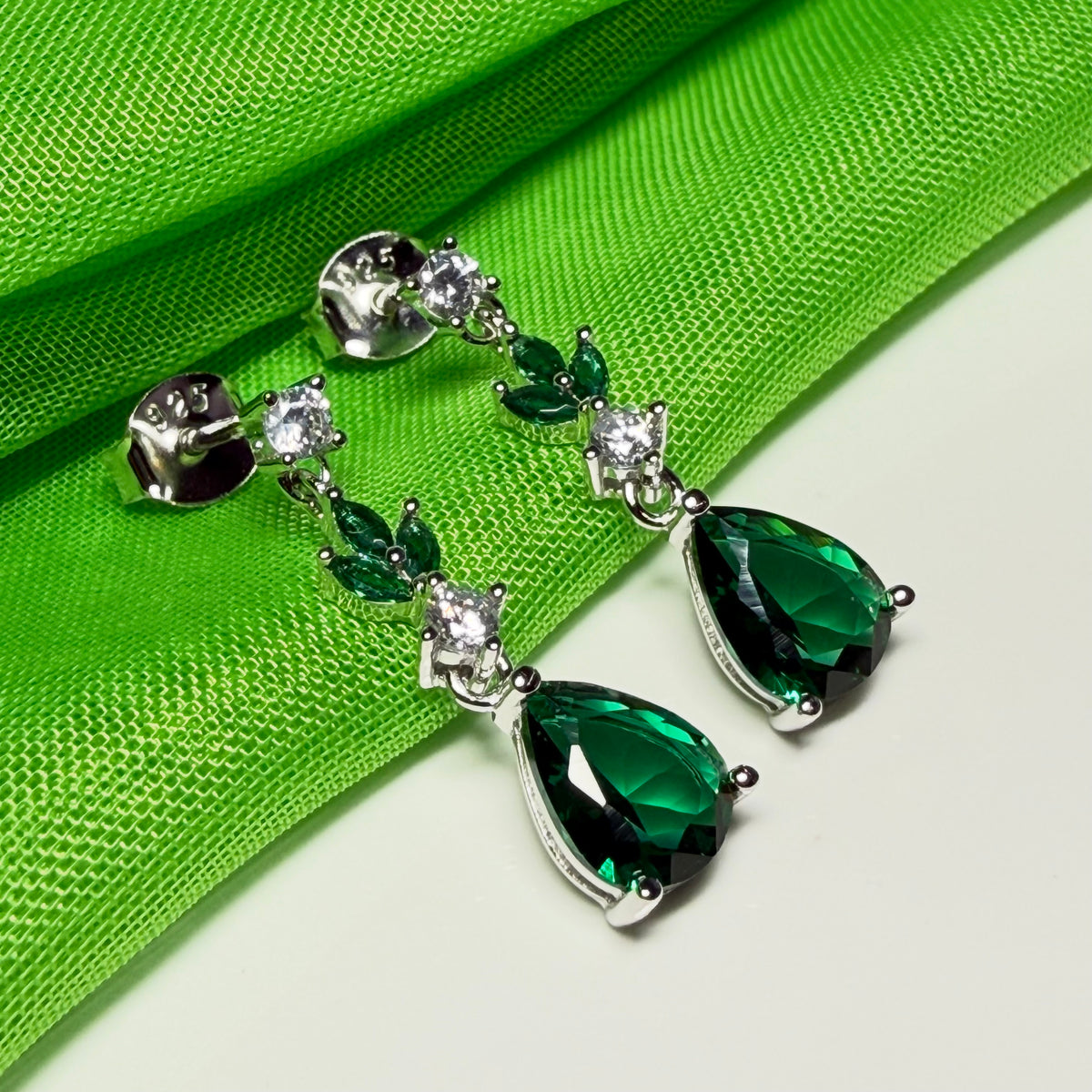 Green dropped earrings cubic zirconia silver long pear shaped