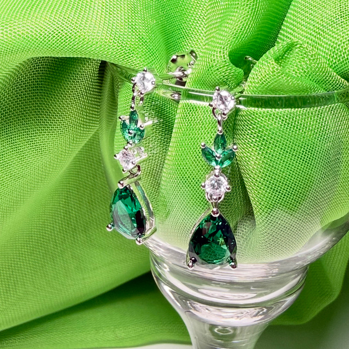 Green dropped earrings cubic zirconia silver long pear shaped