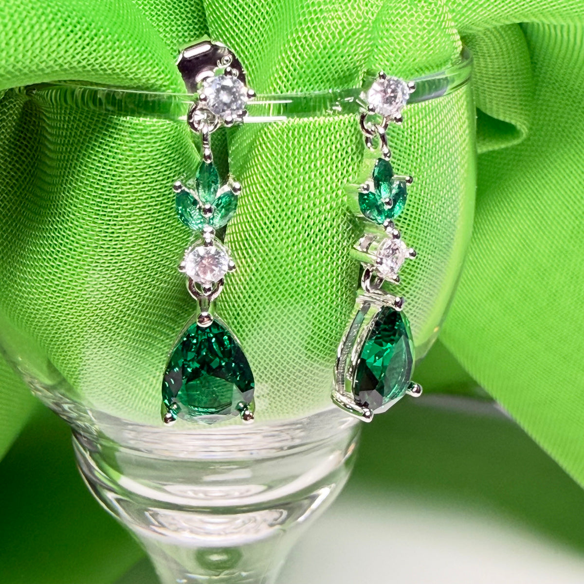 Green dropped earrings cubic zirconia silver long pear shaped