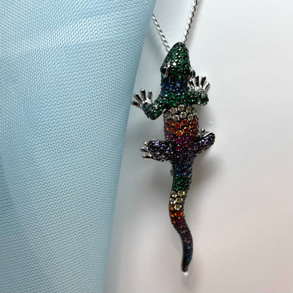 Gecko necklace sterling silver cubic zirconia pendant with real onyx eyes