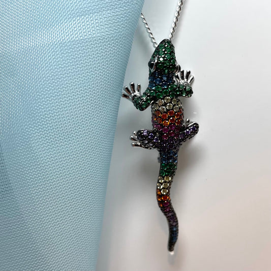 Gecko necklace sterling silver cubic zirconia pendant with real onyx eyes