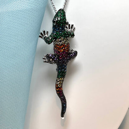 Gecko necklace sterling silver cubic zirconia pendant with real onyx eyes