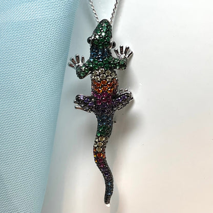 Gecko necklace sterling silver cubic zirconia pendant with real onyx eyes