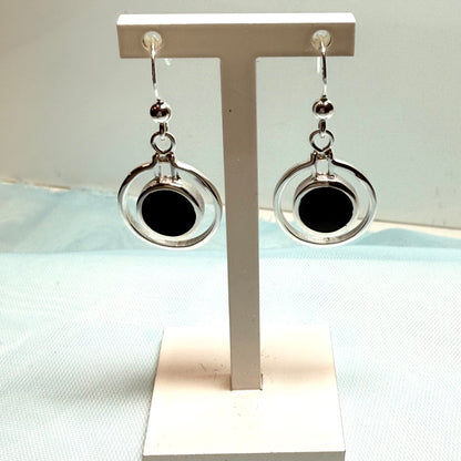 Double circle black sterling silver onyx drop earrings