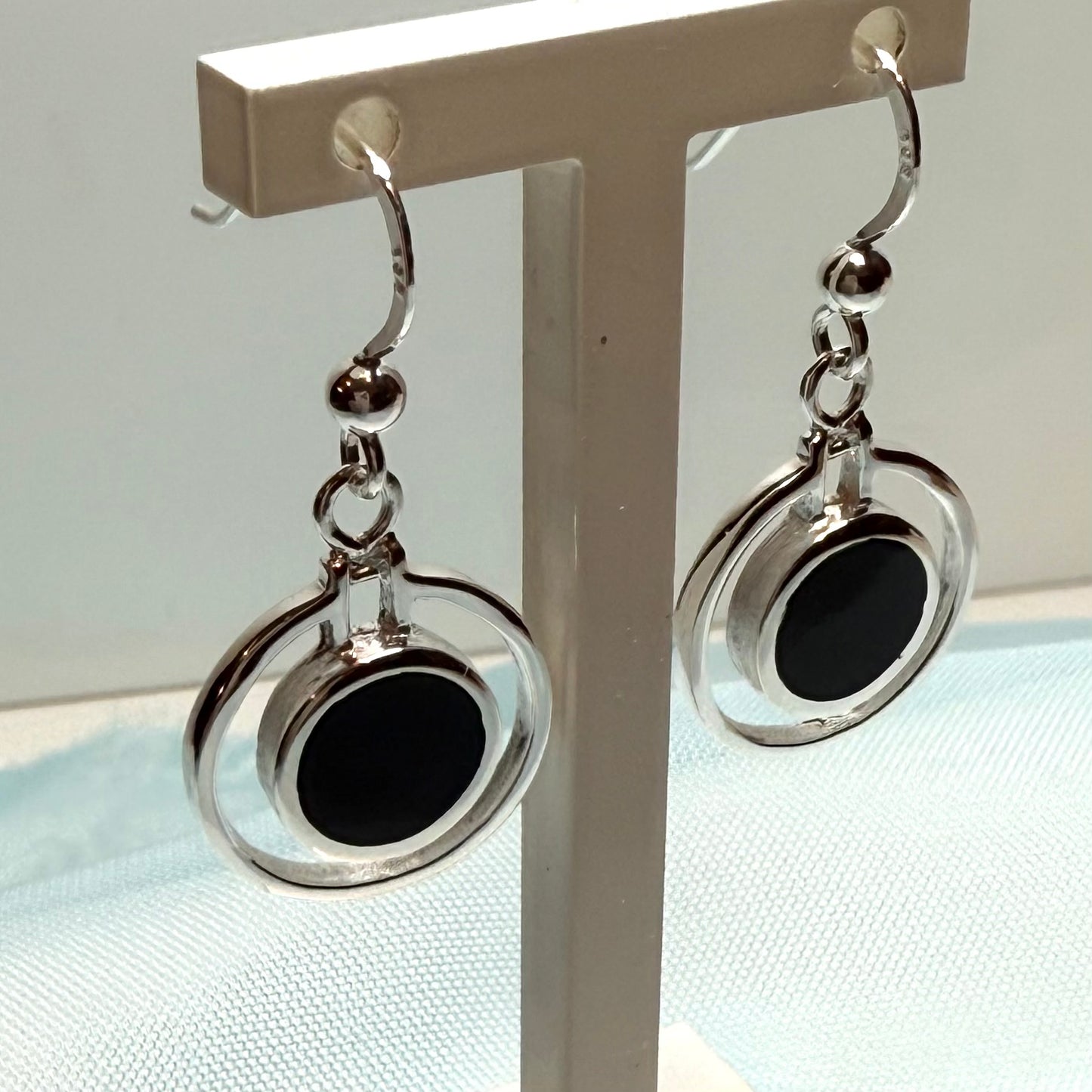 Double circle black sterling silver onyx drop earrings