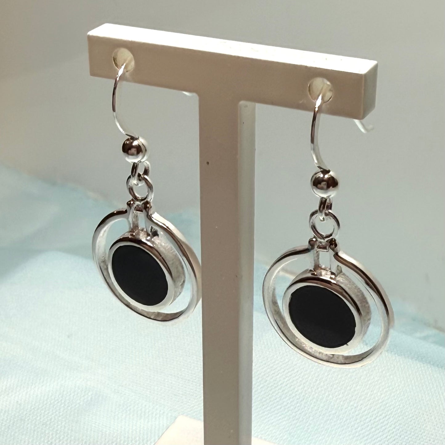 Double circle black sterling silver onyx drop earrings