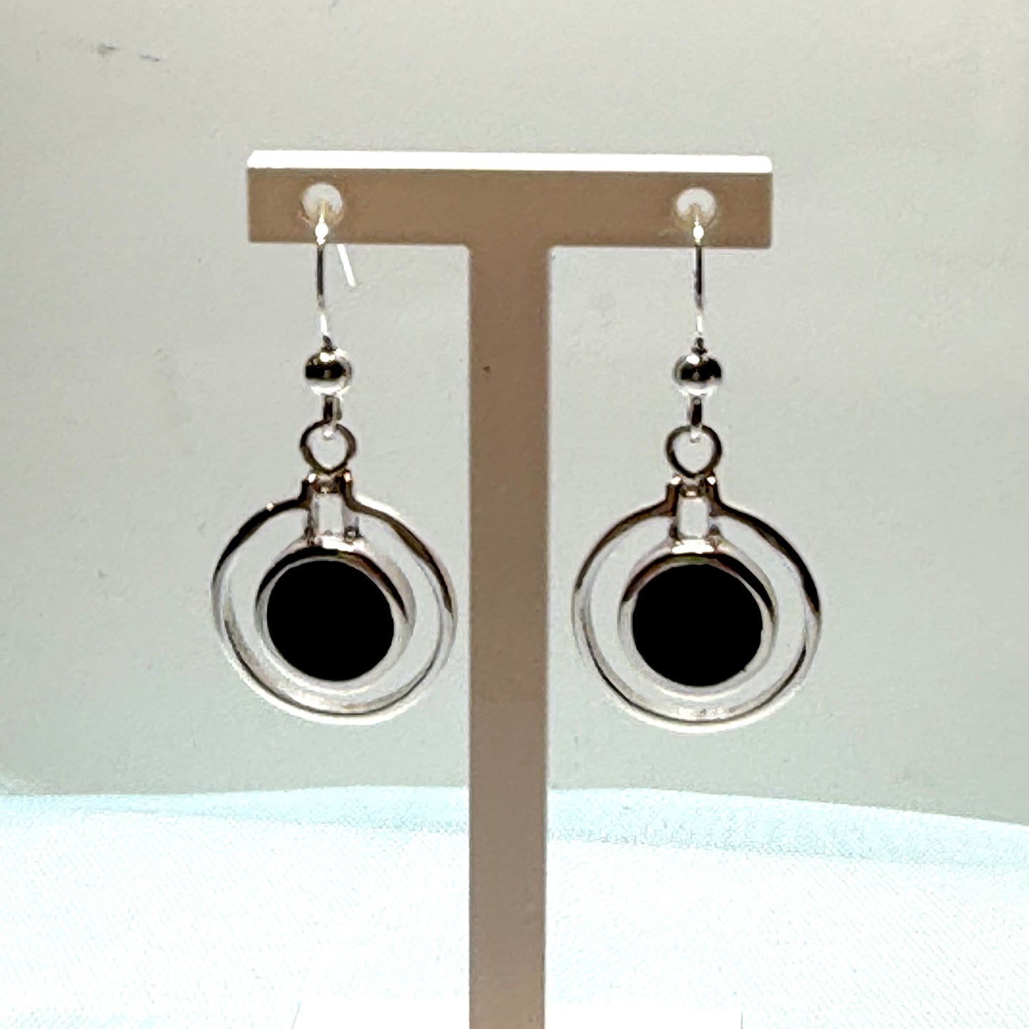 Double circle black sterling silver onyx drop earrings