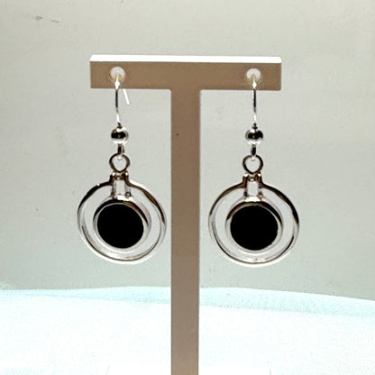 Double circle black sterling silver onyx drop earrings