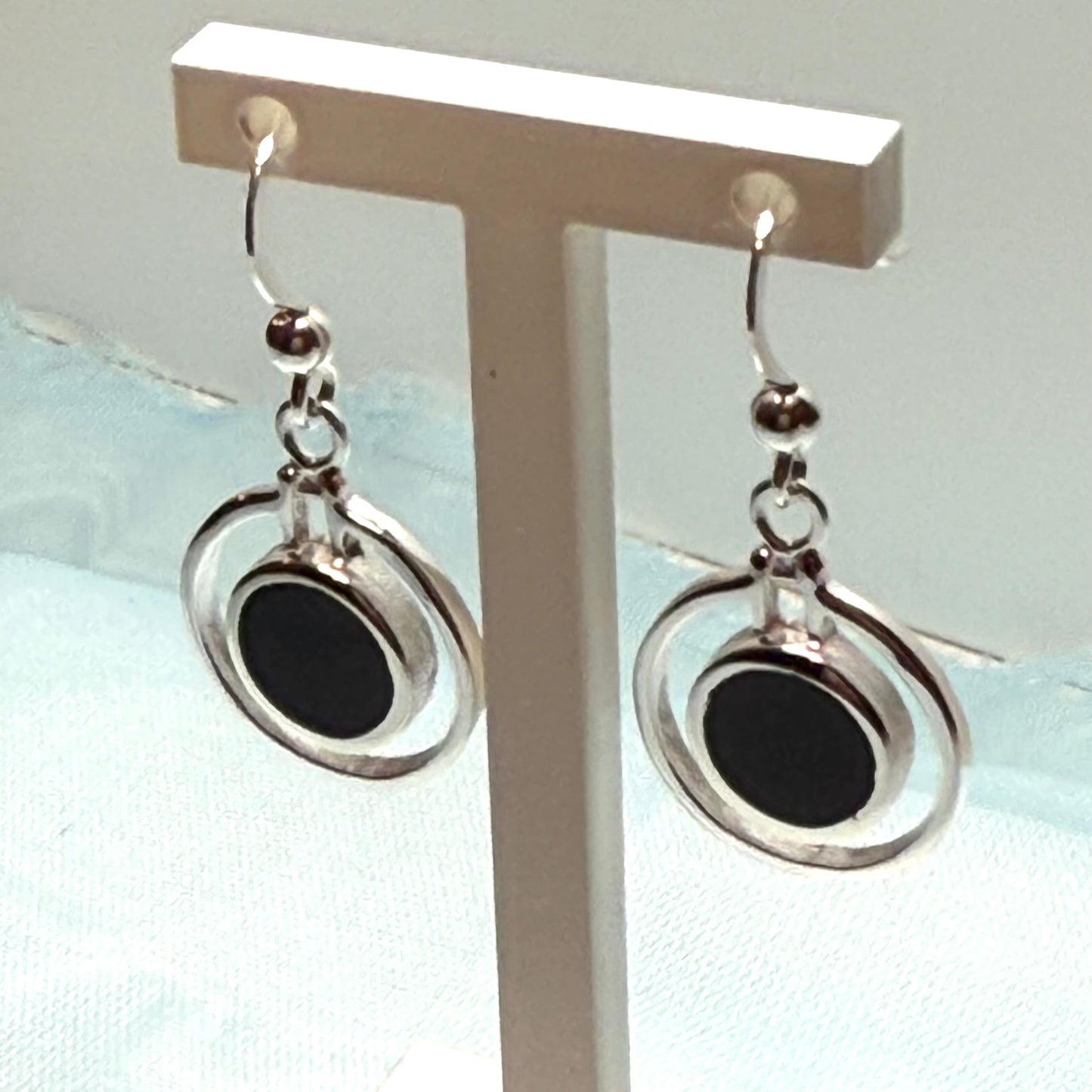 Double circle black sterling silver onyx drop earrings