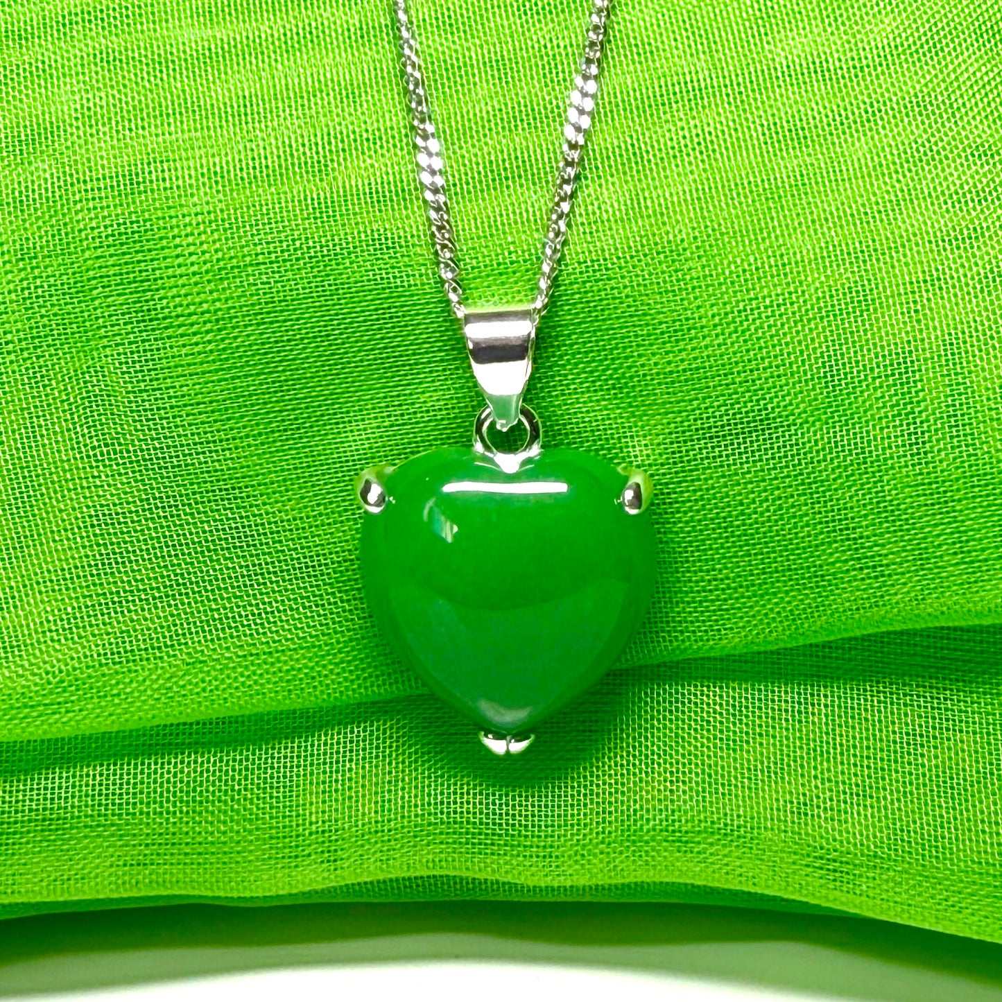 Real green jade necklace heart shape sterling silver