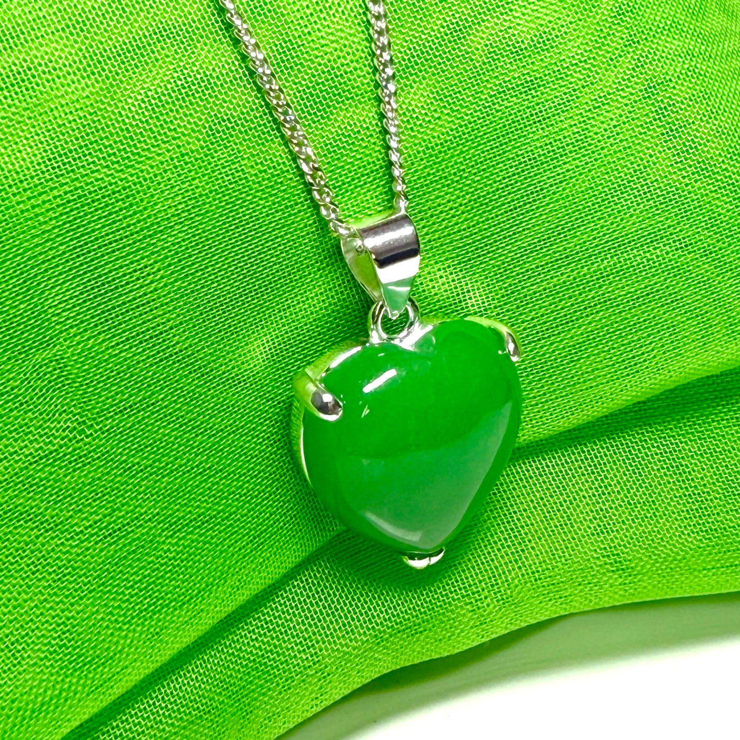 Real green jade necklace heart shape sterling silver