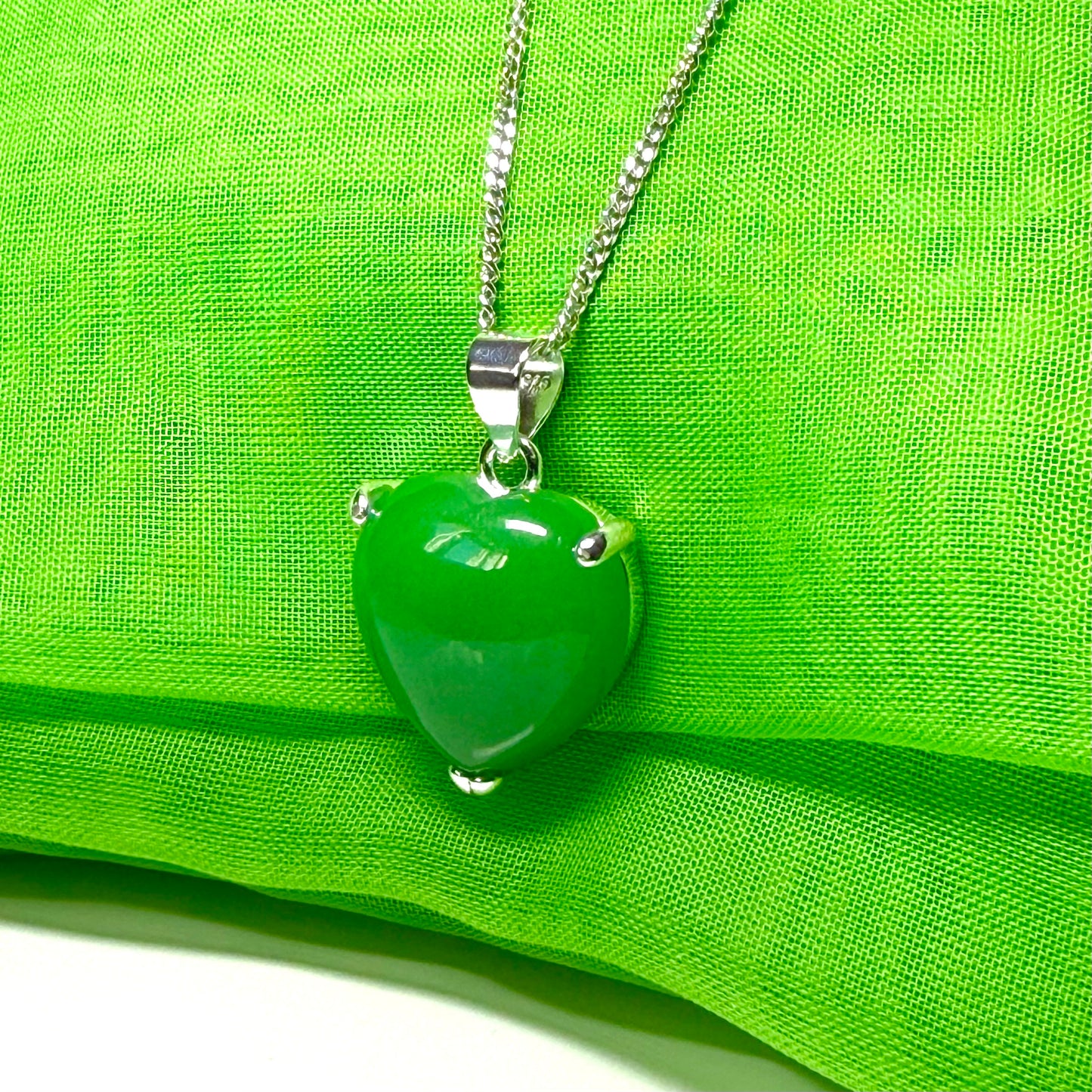 Real green jade necklace heart shape sterling silver