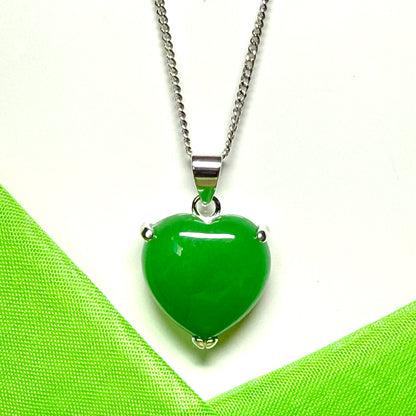 Real green jade necklace heart shape sterling silver