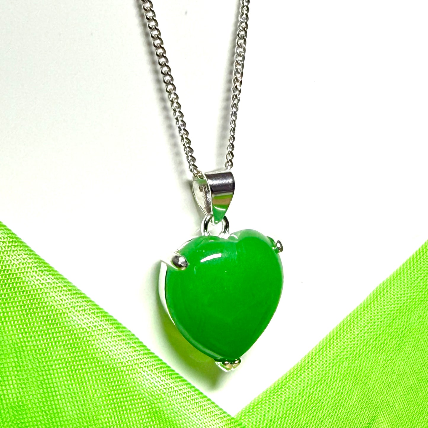 Real green jade necklace heart shape sterling silver