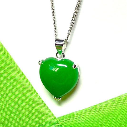 Real green jade necklace heart shape sterling silver