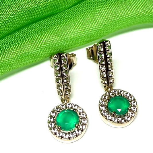 Round cluster round shaped dropped earrings with a real green agate stone sterling silver gilt