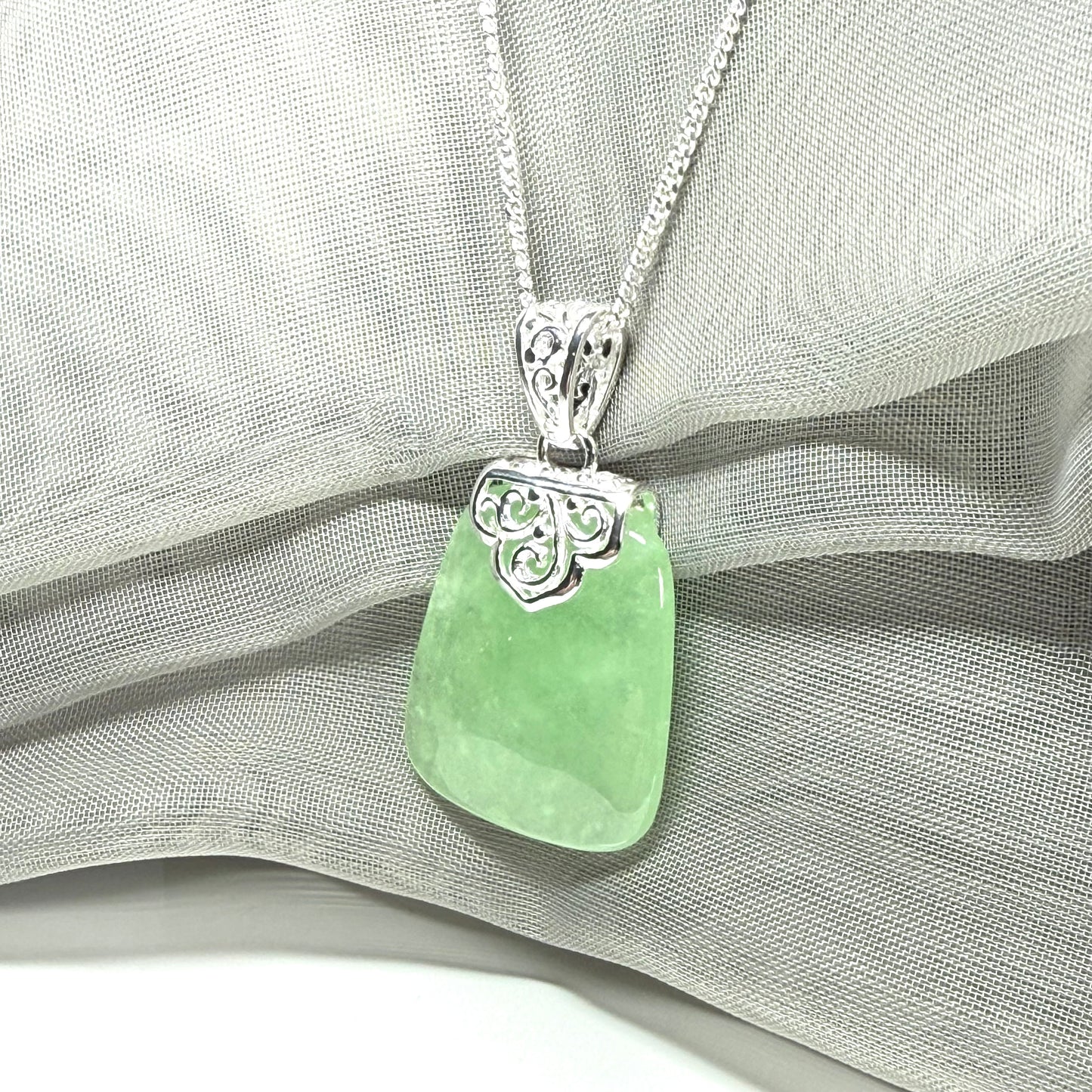 Real green jade stone, large cushion shaped necklace, a stunning pendant