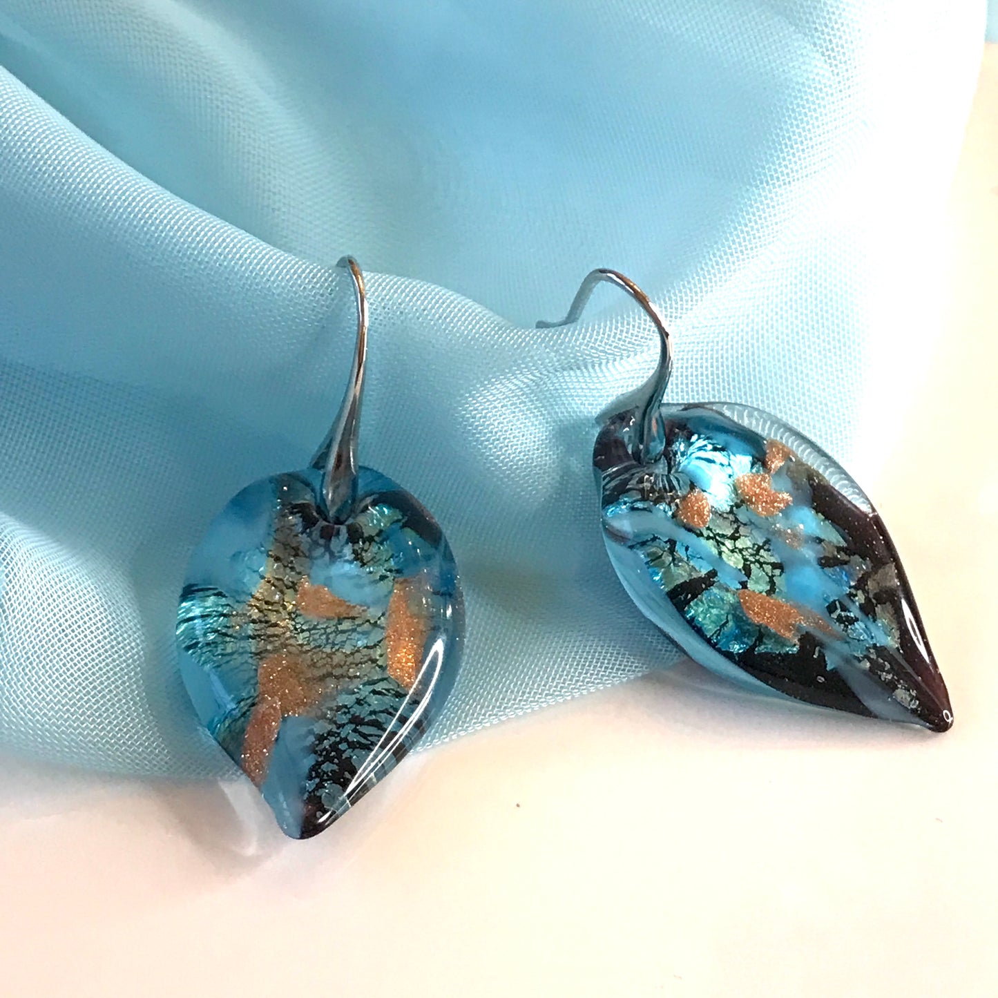 Jade Green Murano Glass Leaf Drop Earrings