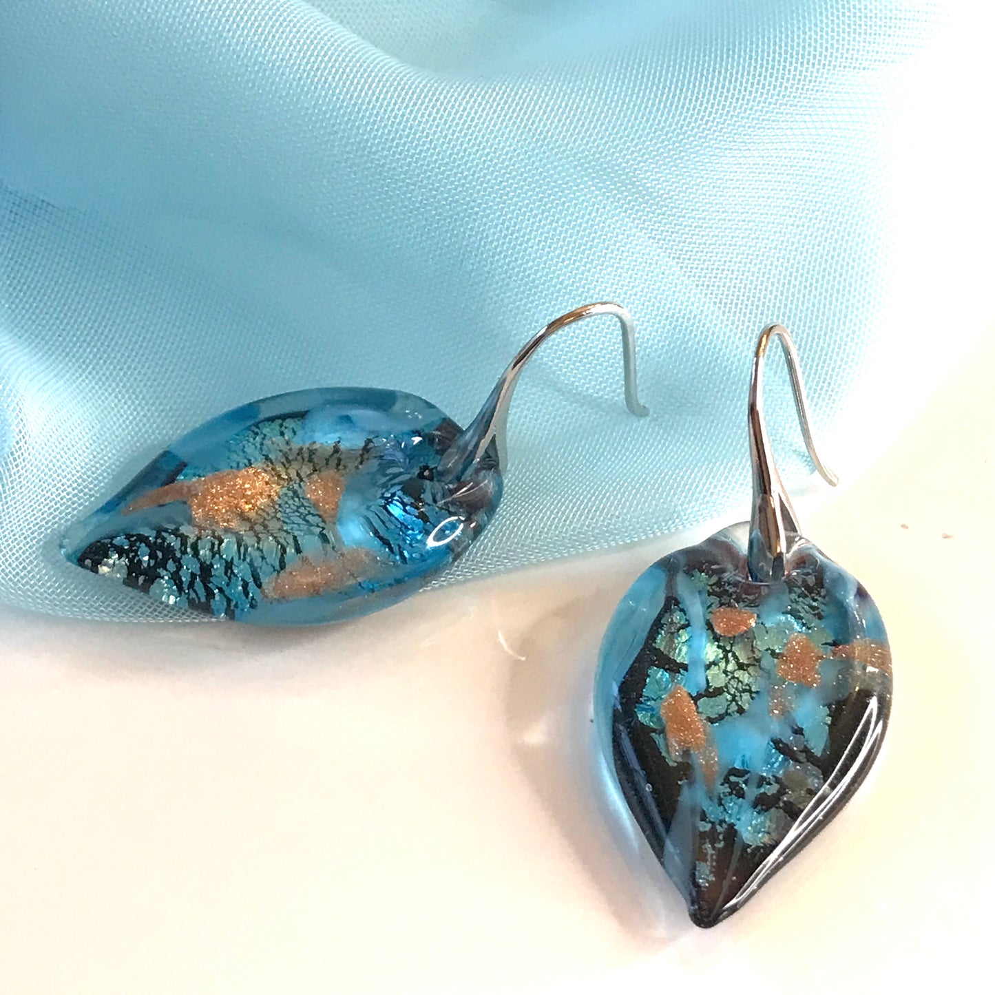 Jade Green Murano Glass Leaf Drop Earrings