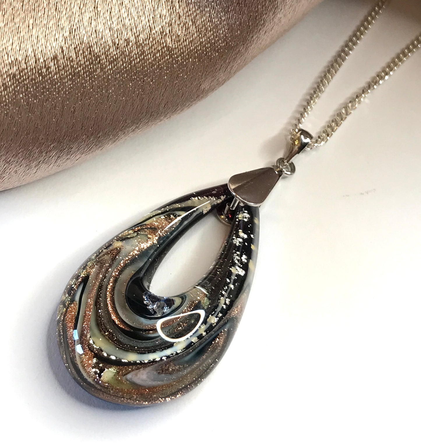 Jade Murano glass green open teardrop pear shaped necklace