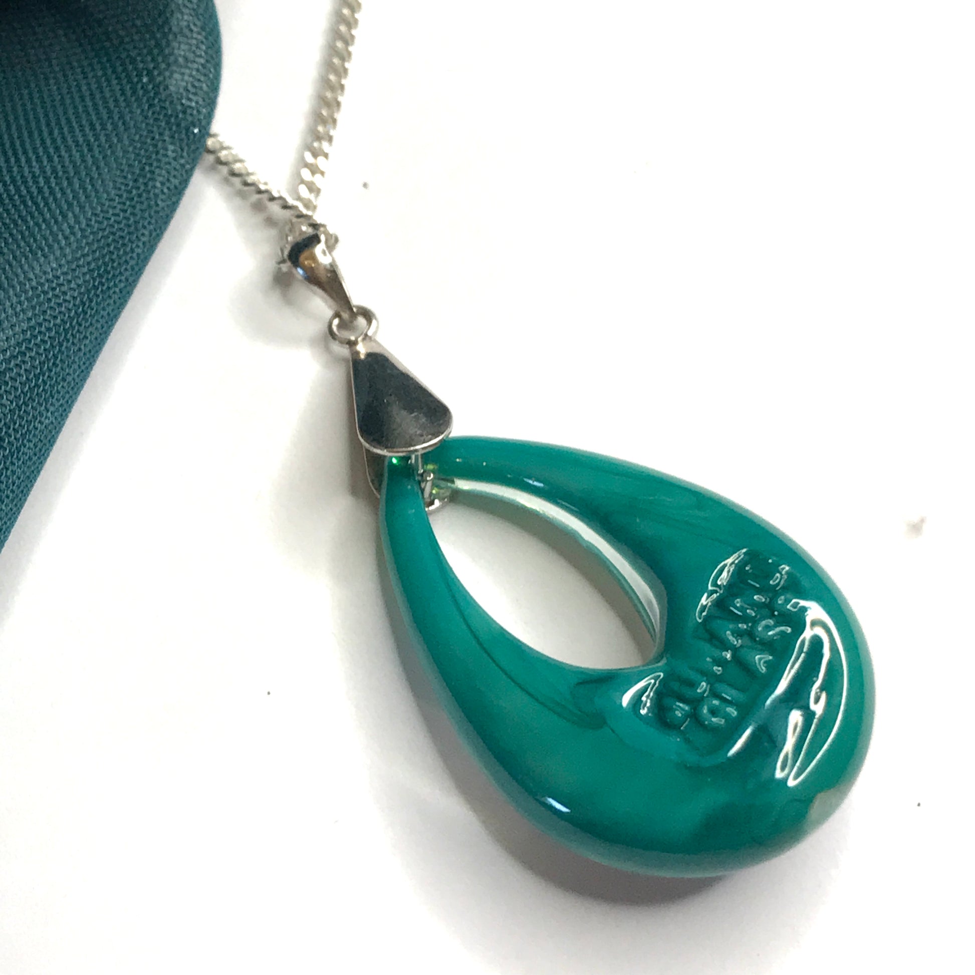 Jade Murano glass green open teardrop pear shaped necklace