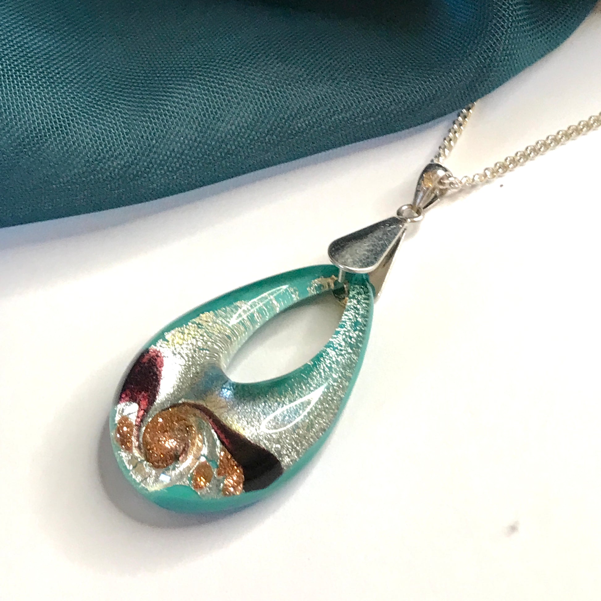 Jade Murano glass green open teardrop pear shaped necklace