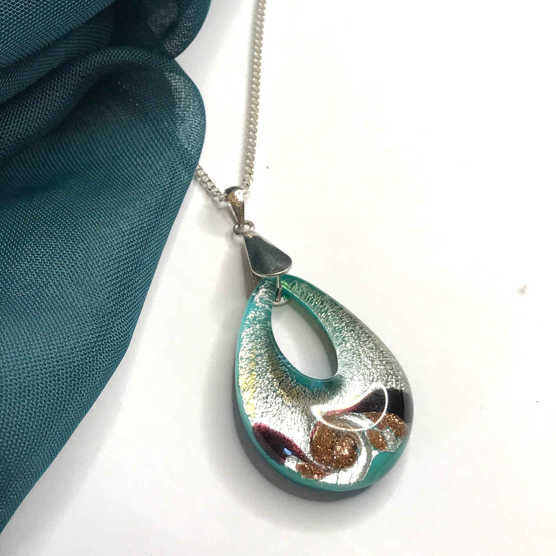 Jade Murano glass green open teardrop pear shaped necklace
