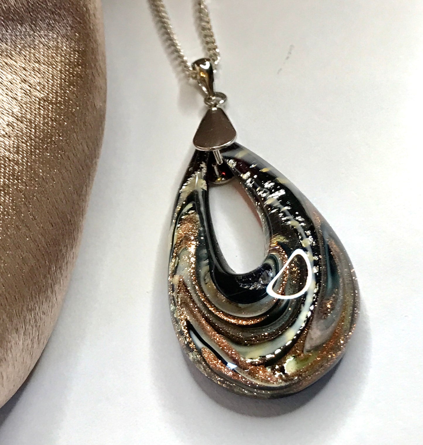 Jade Murano glass green open teardrop pear shaped necklace