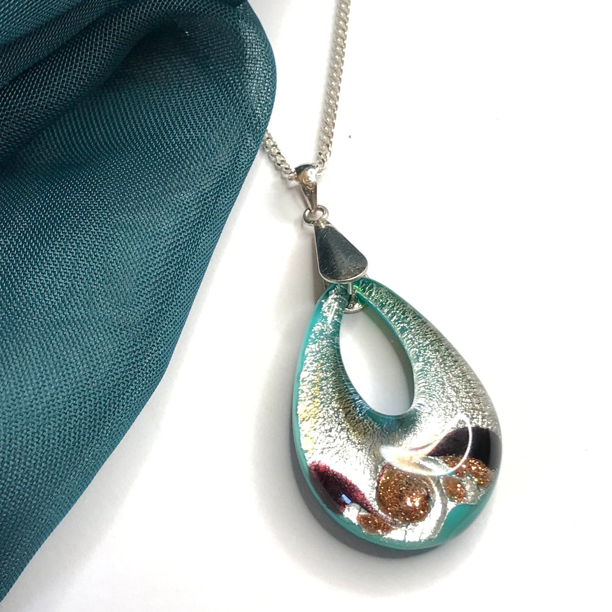 Jade Murano glass green open teardrop pear shaped necklace