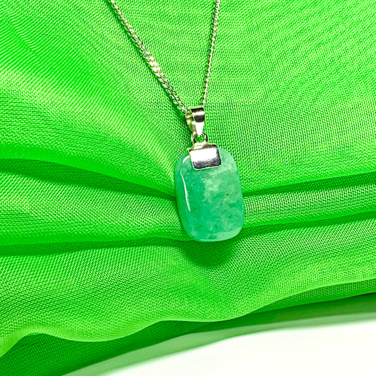 Jade necklace real green cushion shaped stone sterling silver chain included